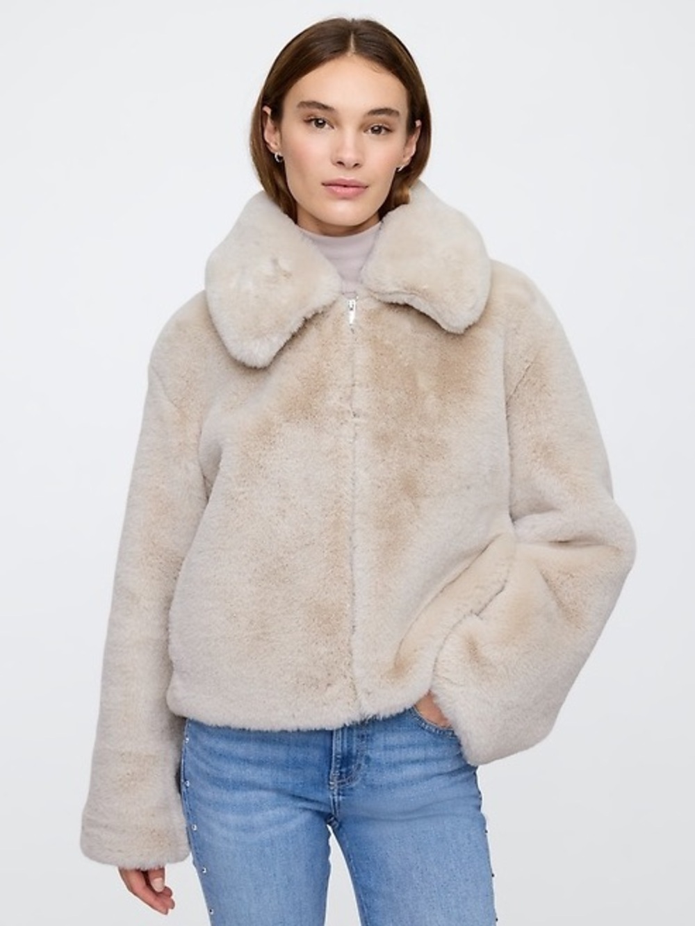 Gap Plush Faux Fur Zip-Front Jacket in Natural